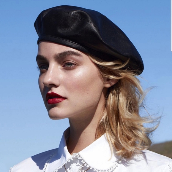 Black Leather Beret Hat Faux Leather Tam PU Vegan Leather - Picture 10 of 11